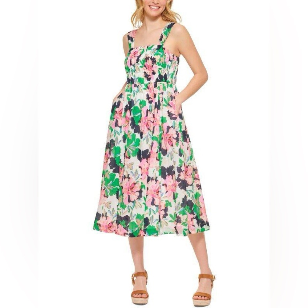 NWT Tommy Hilfiger Isla White & Pink Floral Smocked Tank Midi Dress Size 14 New